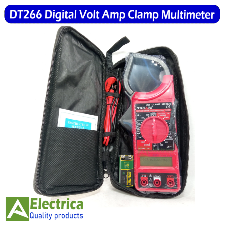 Titan DT266 AC/DC Digital Clamp Multimeter Electronic Volt AMP Resistance Tester Clamp Meter Data Hold With LCD Display (Bag, Test Leads & Battery included) by Electrica