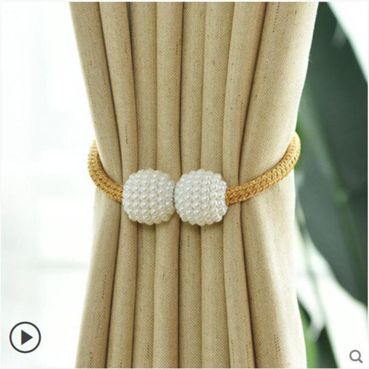 2pcs Parday Curtain Tiebacks Curtain Buckle Draperies Pearl Magnetic Rope Braided Straps Ball Buckles Rings & Buckles Holder Punch Free Curtains Hold Clips Curtain Accessories