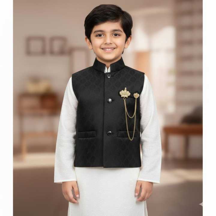 KIDS FOR Boys Fashion Clothing 4 Pieces Suits (Kurta Shalwar Waistcoat and Brooch) Kids Fashion Age- 1 To 12 Years-WHITE CHICKEN SUIT & Black Waistcoat