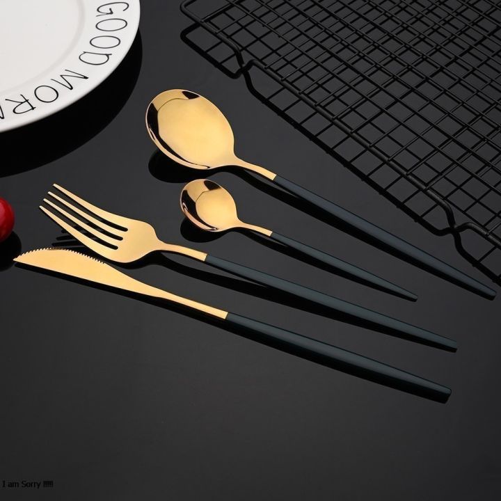 24pcs%20Gold%20&%20Black%20Gold%20Dinnerware%20Set%20Western%20304%20Stainless%20Steel%20Tableware%20Set%20Knife%20Fork%20Spoon%20Luxury%20Flatware%20Kitchen%20Set%20%20Dishwasher%20Safe%20-%20Image%204