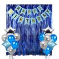 Happy Birthday Blue And Silver Theme Set ( 1 Pc Happy Birthday Banner-1 Pc Curtain 6 Feet Length And 3.5 Feet Width- 30 Pc Balloons -Blue & Silver  ) Happy Birthday Decorations- Birthday Items-Party & Home Items For Birthday. 