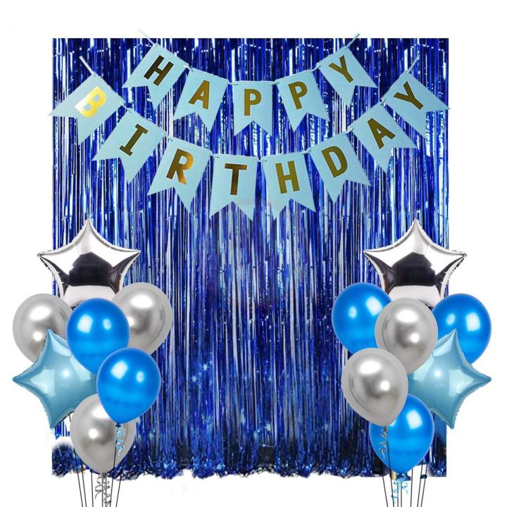 Happy Birthday Blue And Silver Theme Set ( 1 Pc Happy Birthday Banner-1 Pc Curtain 6 Feet Length And 3.5 Feet Width- 30 Pc Balloons -Blue & Silver  ) Happy Birthday Decorations- Birthday Items-Party & Home Items For Birthday