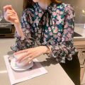 Yfashion Women Floral Printing Shirt Chiffon Long Sleeves Tops Bowknot Stand Collar Ruffle Blouse color. 