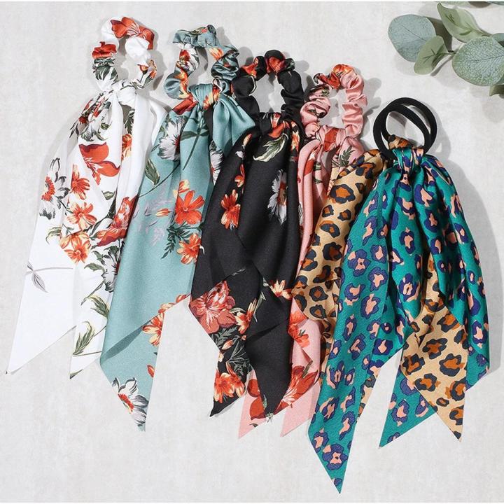 Print Ponytail Elastic Bow Scrunchies Hair Ribbon For Women Elastic Hair Band Girls Hair Ties Hair Accessories