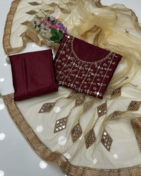 New%20Wedding%20Season%20Collection%20Handmade%20collection%20red%20dark%20%20color%20Kataan%20mirror%20&%20handmade%20shirt%20along%20net%20mirror%20work%20duppata%20plain%20kathan%20silk%20trouser%203%20piece%20-%20Image%204