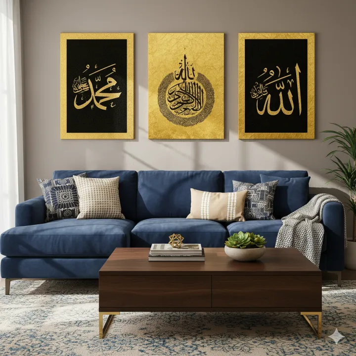Islamic Calligraphy Wall Art Set – 3 Piece Golden Arabic Frames ...