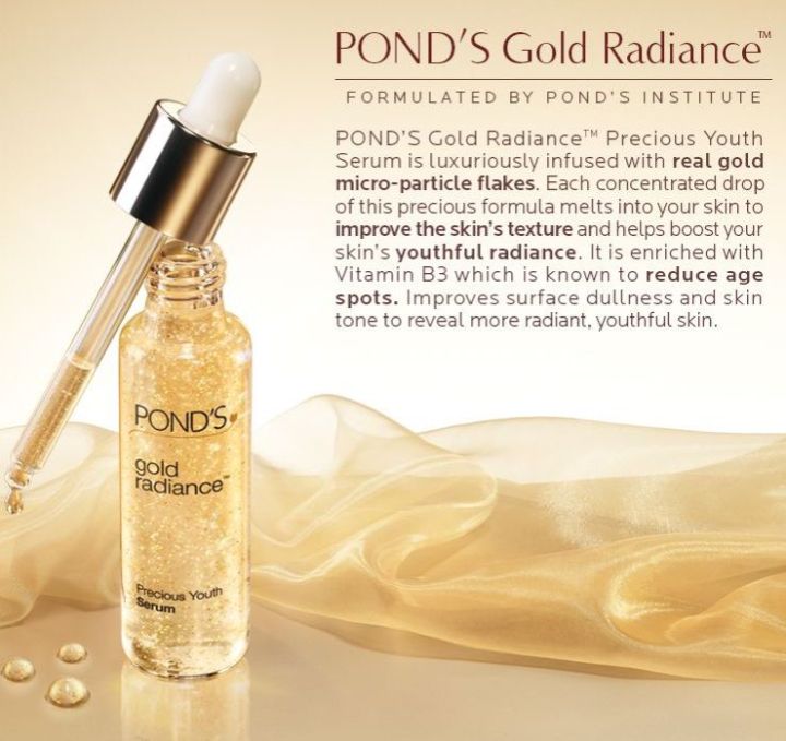 Gold Radiance Precious Youth Serum With real gold micro particles for removes dullnes 30ml Delight your skin with gold radiance serum and make it look radiant as ever increases the rate of cell formation in your skin to make it look younger and fresh