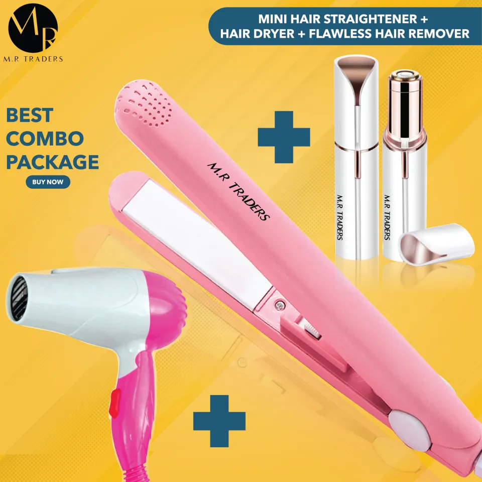 Mini Hair Straightener Foldable Hair Dryer Flawless Hair Remover PACK OF 3 Hair Straightener Hair Dryer Hair Remover Hair Straightening Flat