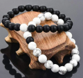 Pack of 1 pair (2 pcs) Black & White Agate Energy Stone Beads Distance Bracelet Set Couple Bracelet Special Set By TOS with a cute Box. 