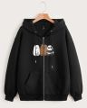 Black 3 Bear Printed Zipper Hoodie for Girls & Women - Stylish, Warm, Premium Quality. 