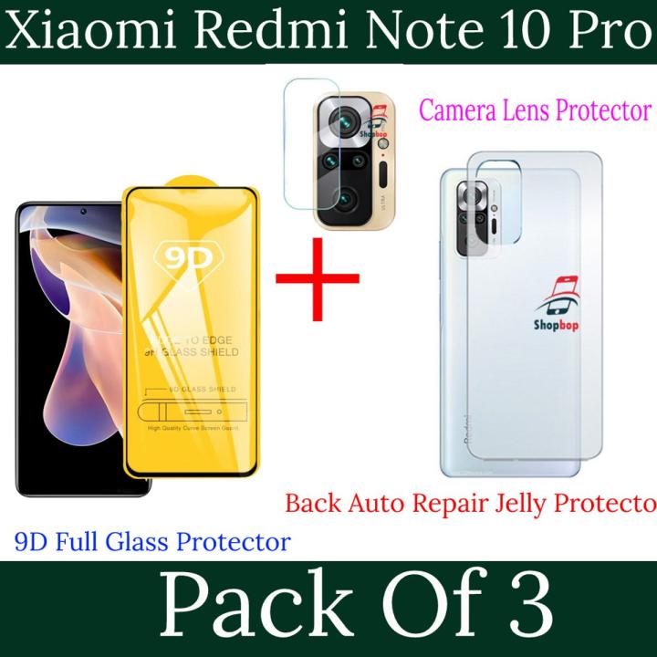 Pack of 3- Xiaomi Redmi Note 10 Pro 9D 21D Tempered Glass Black Border Transaprent Screen Protector + Back Clear Jelly/ Matte Anti-Slip Protector Soft Skin Sheet Film Protection + 9H Flexible Camera Lens Protector ForXiaomi Redmi Note 10 Pro - Transparent