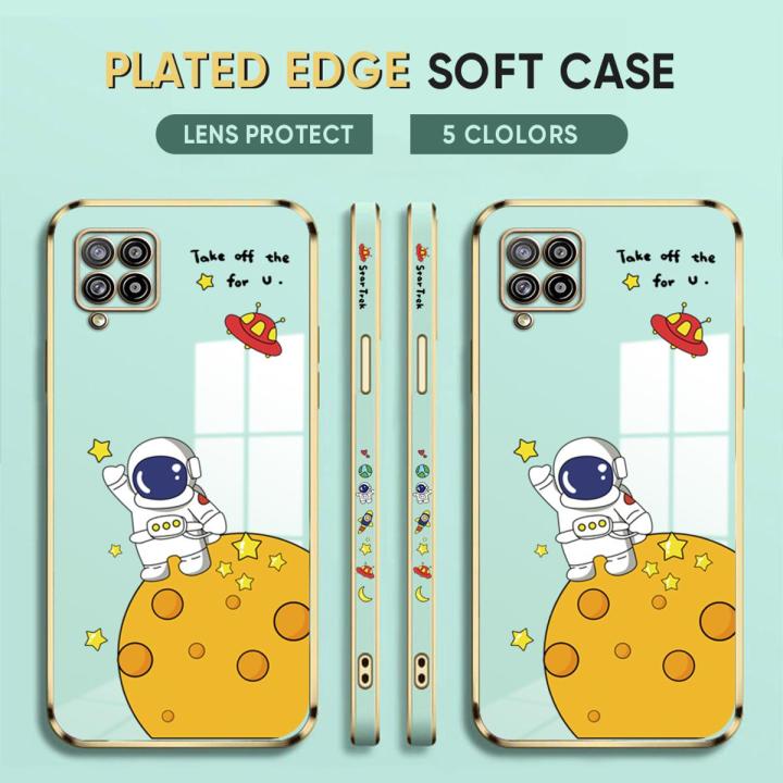 (Free Lanyard) Luxury 6D Plating Case for Samsung Galaxy A42 5G Back Cover Cute Cartoon Happy Astronaut Side Pattern Soft Silicone Square Phone Cases