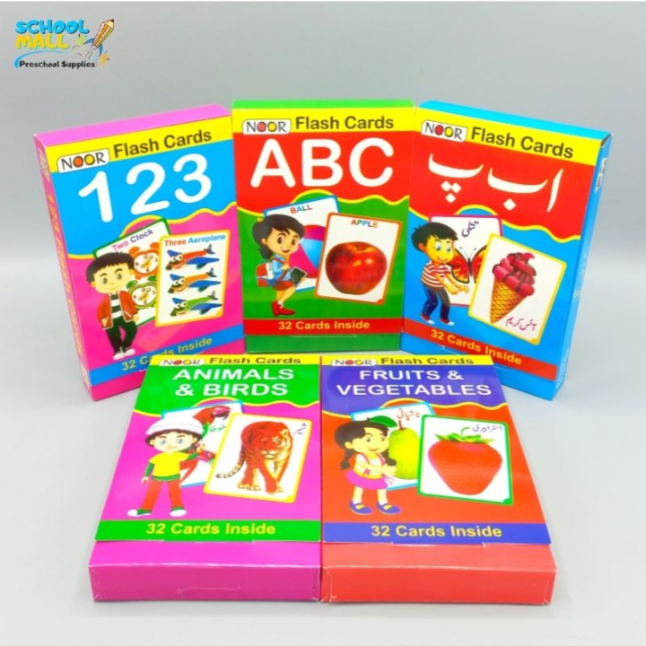 Flash Card Bundle (5 in 1) ABC, 123, Haroof e Tahaji, Fruit And Vegetable Name, Animal And Birds Name First Flash Cards for Kids (Set of 6) Learning & Educational Toy Jumbo Pack All in 1