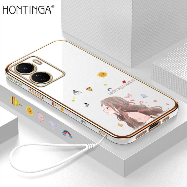 Hontinga for Vivo Y16 Back Cover（Free Lanyard）Luxury 6D Plating Sunshine Girl Side Pattern Case Soft Silicone Square Phone Cases