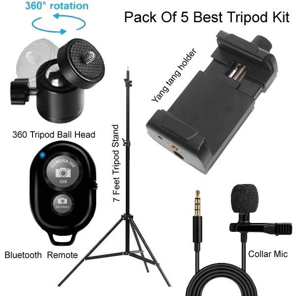 Pack Of 5 7 Feet Tripod with 360 Rotatable Ball Head, + Yunteng Mobile Phone Holder & Bluetooth Remote Shutter with Collar Mic