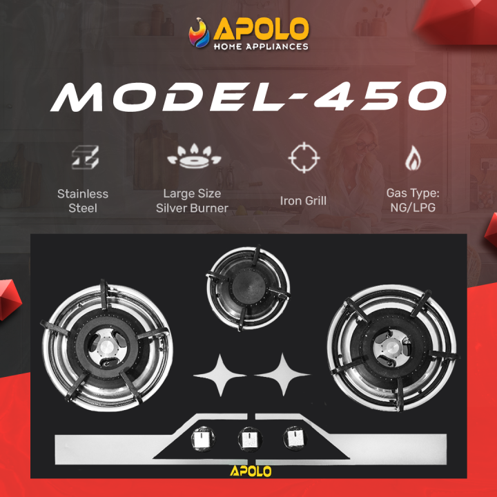 APOLO Manual Stove / Hob - Model 450 - 3 Burner - 100% Pure Stainless Steel Top - Rust Proof - 14 Days Return Warranty