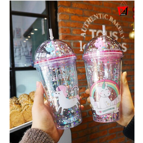 Unicorn Drinking Cup with Straw Kid Travel -Tumbler Glitter Ice Coffee Mugs Plastic Cup Portable , Juice , Coffee Milk Cup