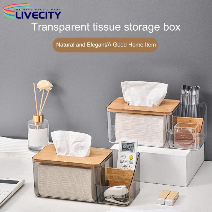 Transparent Tissue Box Wooden Cover Tissue Box Holder with Remote Control Storage for Kitchen Living Room Transparent Container Tissue Box with Round Opening