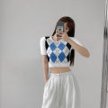 Women Knit Crop Top, Adults Color Block Button Down Argyle Pattern Short Sleeve Round Neck Cardigan. 