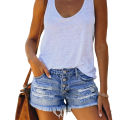 Women’s Fashion Washed Distressed Jeans Personality Solid Color Ripped High-waist Denim Shorts. 