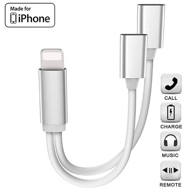 Apple iPhone Adapter Connector without Bluetooth Splitter Apple MFi Certified 2 in 1 Dual Lightning Headphone Jack Audio and Charge Adaptor