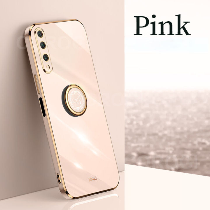 For Huawei Y8P Back Cover with Ring Holder Stand Plating Square Bumper Protective Case Camera Lens Protection Soft Silicone Shockproof Mobile Phone Cases