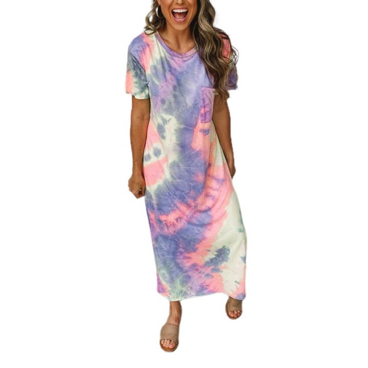 2021 Women's Summer Loose Maxi Dress, Casual Round Neck Short Sleeve Pocket Long Dress with Side Slit