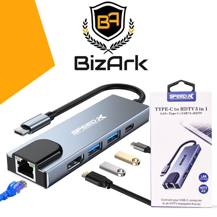 SPEED-X 5 IN 1 Type C Hub - MULTI-PORT TYPE C 4K HDMI USB 3.0 CONVERTER - 1 LAN + TYPE-C +USB*2 + HDTV - Adapter Connecter Converter Chargers Cable for all Laptop , Macbook New Air Pro M1 M2 , Mobile Phone , Tablet , Ipad