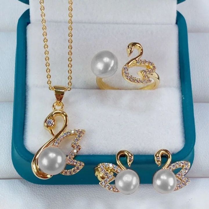 Luxury Fashion Freshwater Pearl Swan Banquet Party Jewelry Set for Women Charm Accessories Birthday Gift for Lover 4PCS/Set