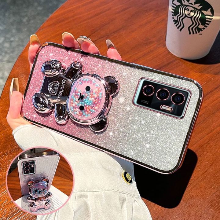 For Vivo V23 5G / Vivo V23e Back Cover with 3D Bear Hidden Stand Bracket Luxury 6D Gradient Shiny Plating Glitter Women Phone Case Clear Soft Silicone Protective Cases Pouch Girls