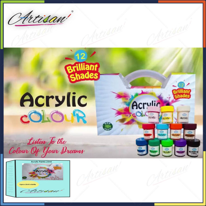 Artisan - 12pcs x 25ml in bottle - Acrylic Paints 25ml in each bottle with plastic case