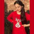 Red Rabbit with Check Print Full Sleeves Night Suit for Her. 