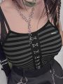 【wholesle668 Store】ALLNeon Mall Goth Streetwear Green Striped Print Slip Y2K Grunge Front Closures Cropped Tank Slim Harajuku. 