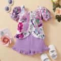 2 Pieces Girls Suit Set, Floral Print Short Puff Sleeve Ruffle Tops+ Solid Color Shorts, 6 Months-3 Years, Purple. 