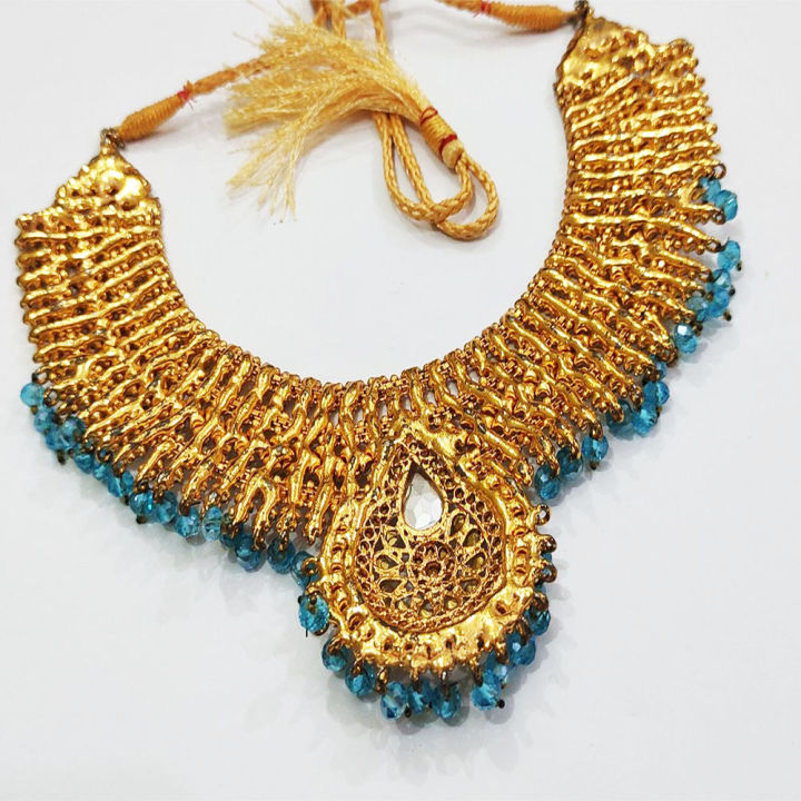 Golden%20And%20Cyan%20Color%20Alloy%20Sparkling%20Necklace%20Set%20With%20Zircon%20Stone%20%7C%20Stylish%20Complete%20Bridal%20Set%20%7C%20Gold%20Plated%20Necklace%20With%20Earring%20Tikka%20Sets%20-%20Image%203
