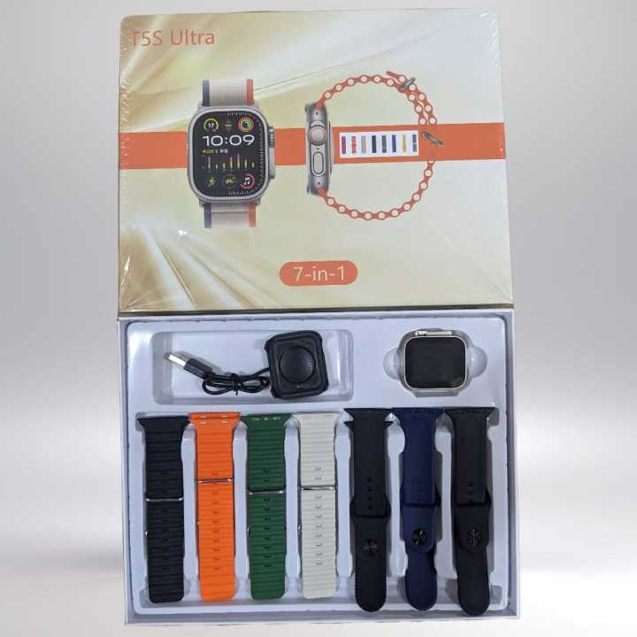 T5S ultra smart watch with 7 different straps in random colour and 49mm Big HD Display with wire less charging