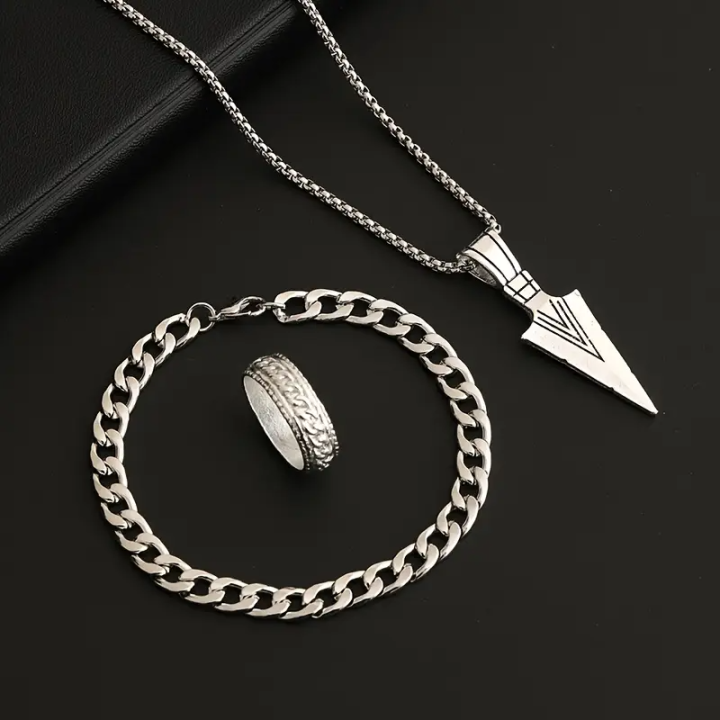 3pcs%20Set%20Street%20Simple%20Hip%20Hop%20Chain%20Pendant%20Necklace%20Ring,%20Zinc%20Alloy,%20for%20Men,%20Women,%20Daily%20and%20Party%20Occasion%20-%20Image%202