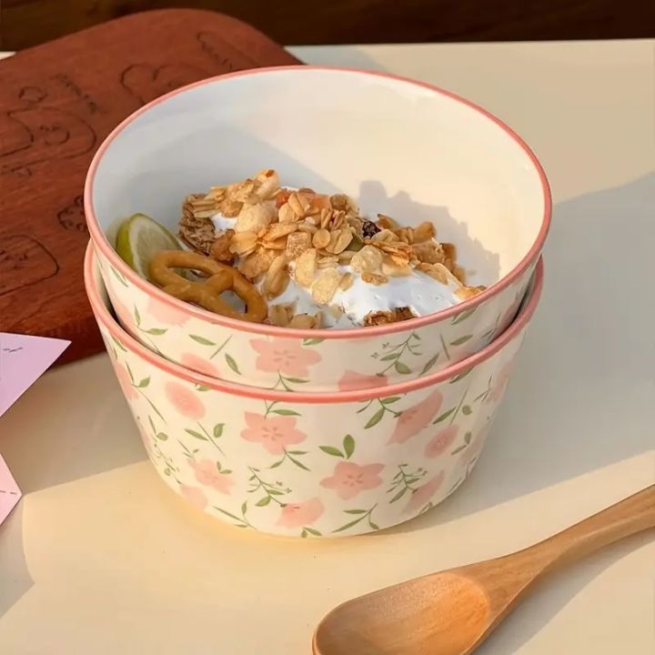 Pink Floral Ceramic Rice Bowl – Cute Deep Bowl for Breakfast, Yogurt ...