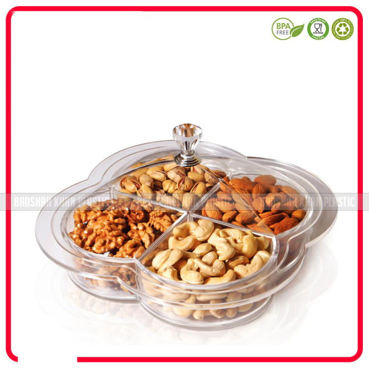 Pearl Acrylic Dry Fruit /Candy and Sweet Tray with Lid Flower Shaped