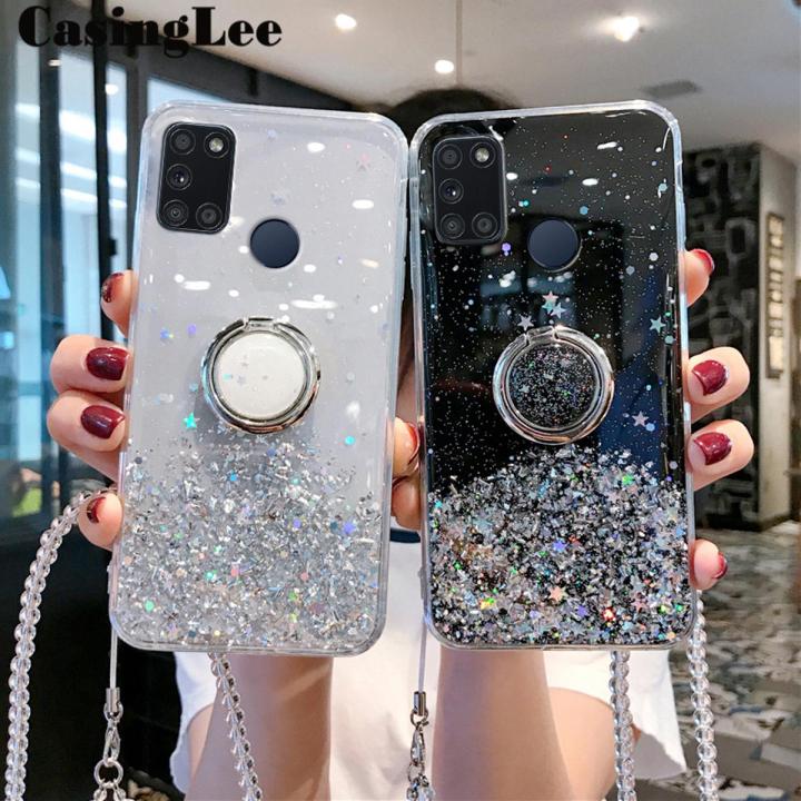Casinglee for Realme 7i case Shiny Ring Glitter Soft Transparent Holder Stand Back cover with String for Realme 7i Phone cases cover Stars Moon Girls