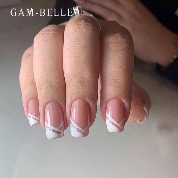 GAM-BELLE Natural Nude White Glitter French False Nails Square Shape UV Gel Artificial Nail Tips Full Cover Manicure Beauty Tool