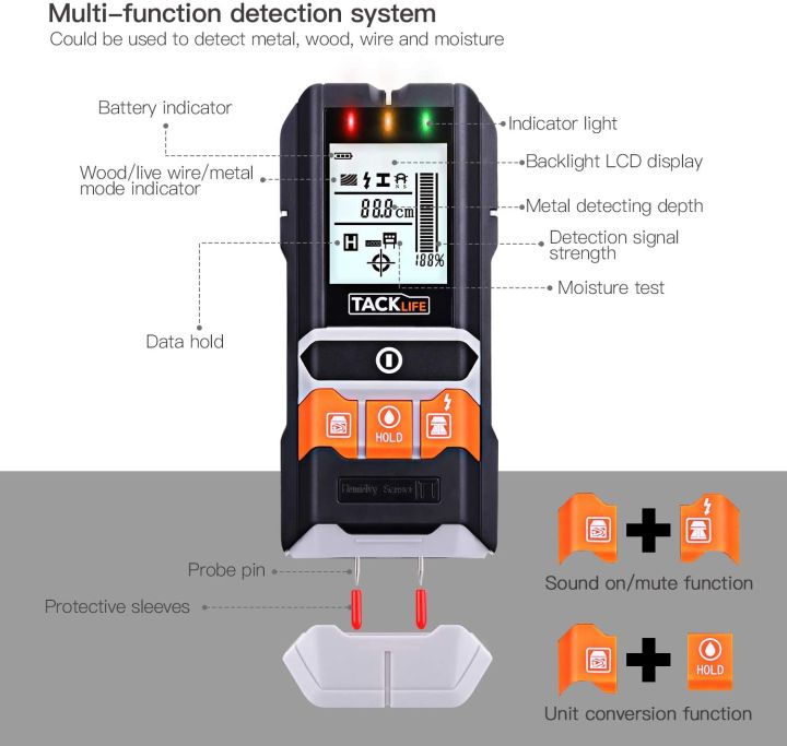 Wall Detector, Tacklife DMS05 4 in 1 Detector with LCD Display, Classic and Multifunctional Detector, Metal Finder, Wood, AC Cable and Humidity with Protective Bag