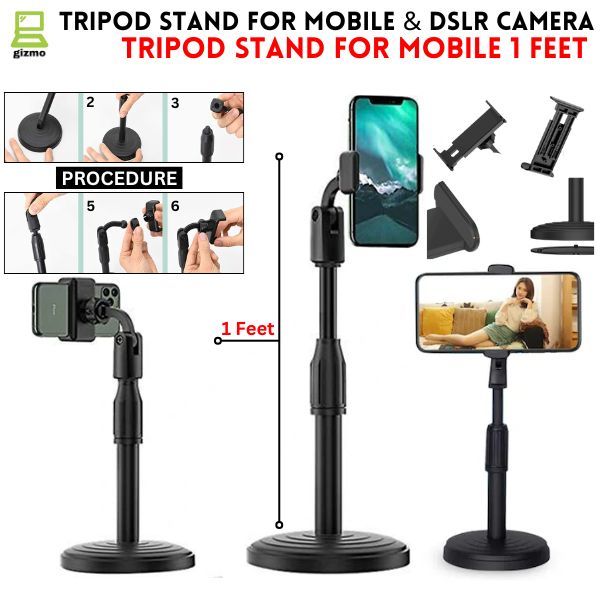 Tripod Stand For Mobile Phones - Portable & Adjustable Tripod Stand 1 Feet - Universal Tripod Stand For Mobile & YouTube Videos - Phones Light Weight Premium Quality - For Vlogging