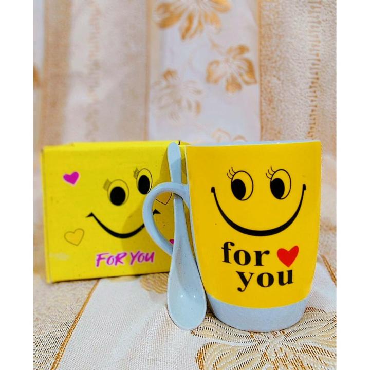 Smile Emoji Coffee Mug - Tea Cup Set with Spoon - Love For You print - Gift Box Packing - Yellow - 300ml