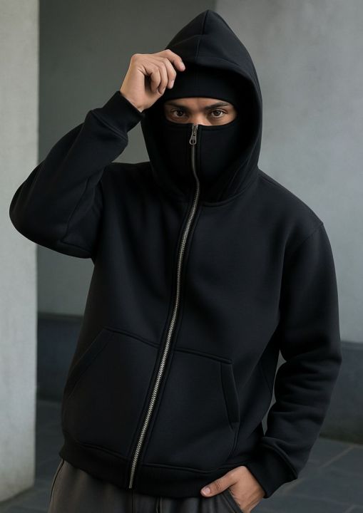 Black Balaclava Zipper Hoodie With Built In Face Mask Premium Fleece 