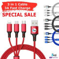 OKS 3 in 1 Multi Charging Cable - 100% Pure Copper Fast Data Charging Cable For Android, Iphone, Ipad, Tablet etc - USB 2.0 Cable Lightning And Type C / IOS / MicroUSB Cable - Blue, Red, Silver, Black. 