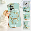 TA for Redmi Note 12 4G Back Cover Hello Kitty Mirror Folding Bracket Luxury Plating Case Soft Silicone Square Phone Case for Girls. 