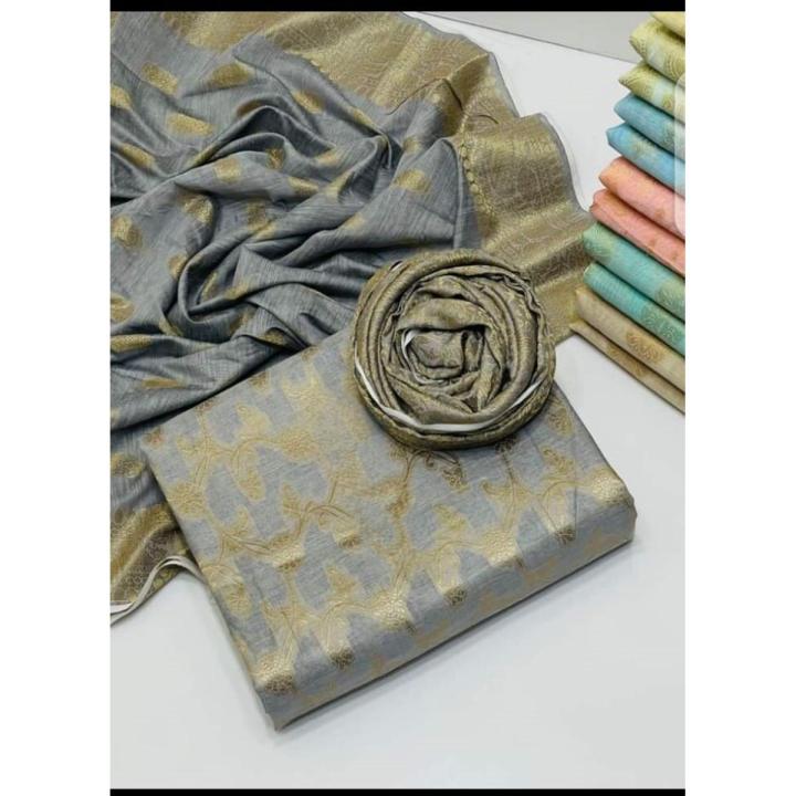 Shah Kamal Fabrics Cotton Jacquard 3 Pcs Unstitched Suit with Cotton Dupatta & Banarasi Trouser for Women