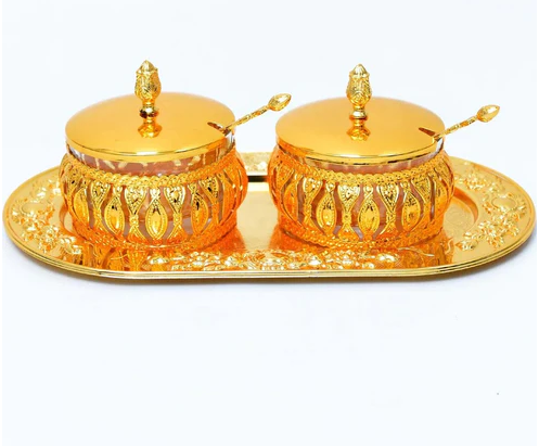 Stainless Steel Royal Golden and silver Sugar Pots with Tray And Spoons