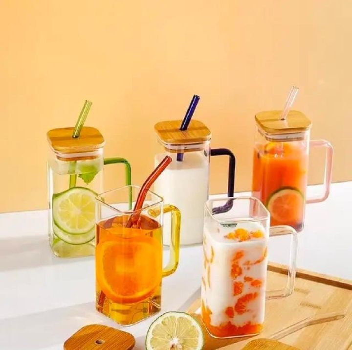 1 Pcs Drinking Glass with Bamboo Lid and Glass Straw - 14oz/400ml Glass ...